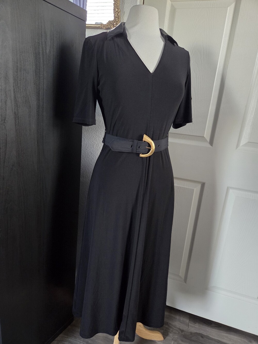 Black Collared Stretchy Dress Vintage Belt Size Small Witchy Goth Alternative